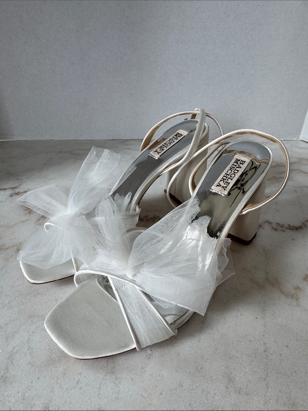 Badgley Mischka Tess Ivory Tulle Bow Slingback Heels